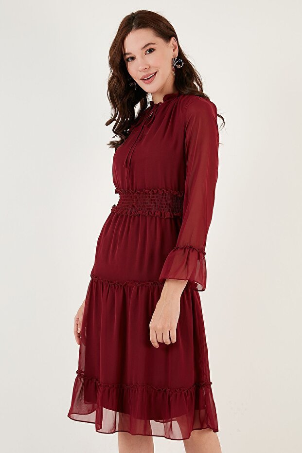 Kolları Tül Gipeli Regular Fit Midi Boy Dokuma Şifon Elbise ELBİSE 611EL114 - 4