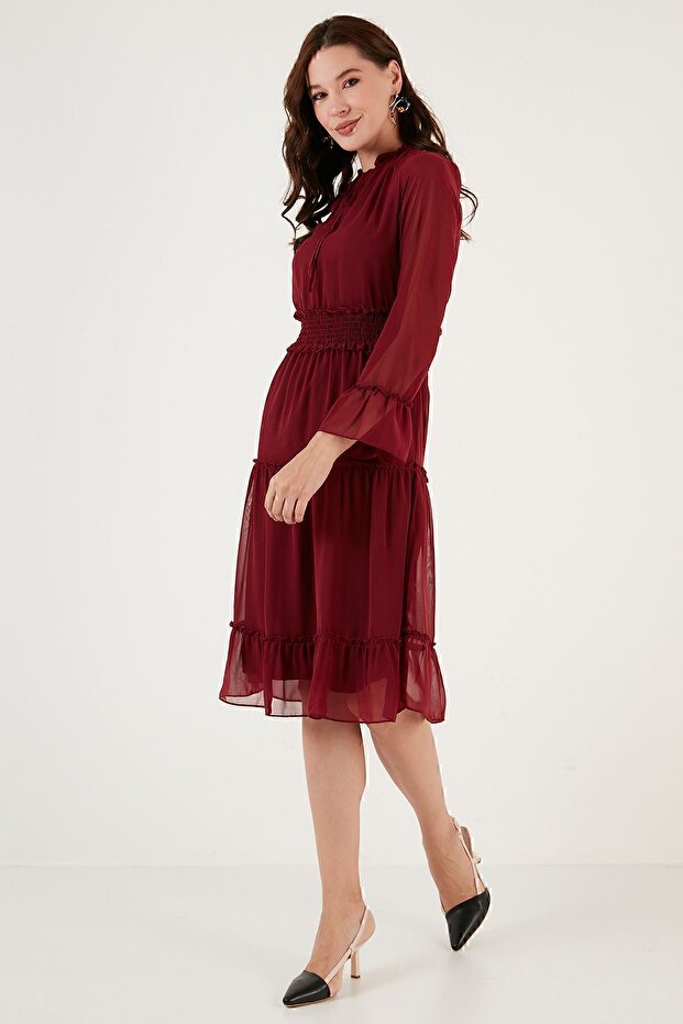 Kolları Tül Gipeli Regular Fit Midi Boy Dokuma Şifon Elbise ELBİSE 611EL114 - 8