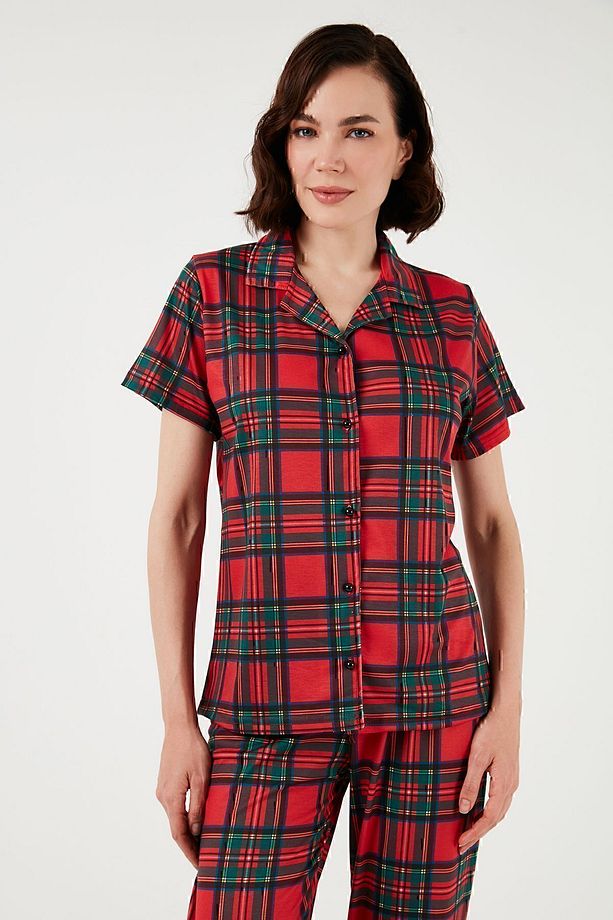 Desenli Kısa Kollu Beli Lastikli Gömlek Yaka Dokuma Regular Fit Pijama Takımı Pijama Takı - 4