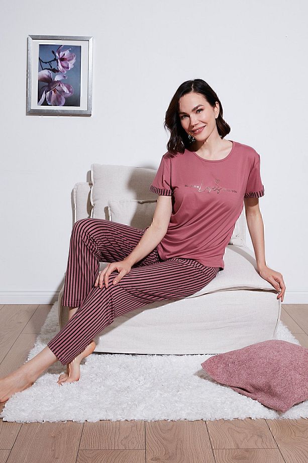 Yumuşak Dokulu Bisiklet Yaka Pijama Takımı  PİJAMA TAKIMI 6097605 - 1