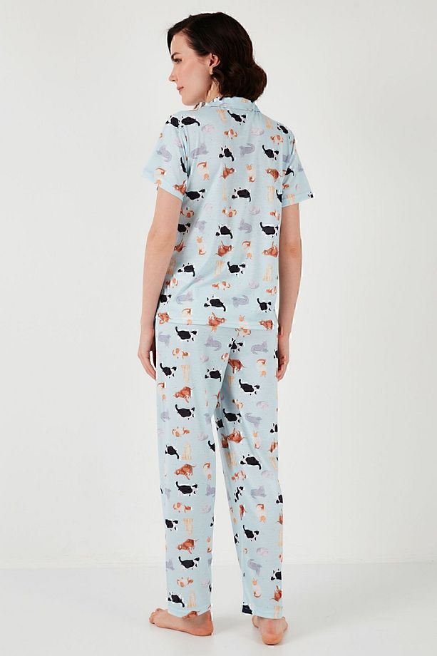 Desenli Kısa Kollu Beli Lastikli Gömlek Yaka Dokuma Regular Fit Pijama Takımı Pijama Takı - 6