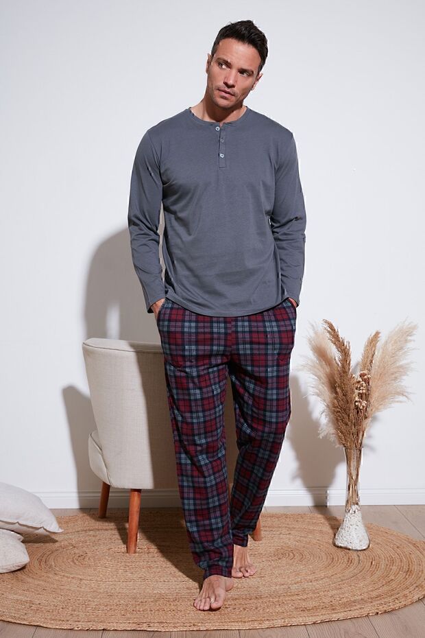 Plaid Cotton Elastic Waist Regular Fit Long Sleeve Pajama Set Men's Pajama Set 65720