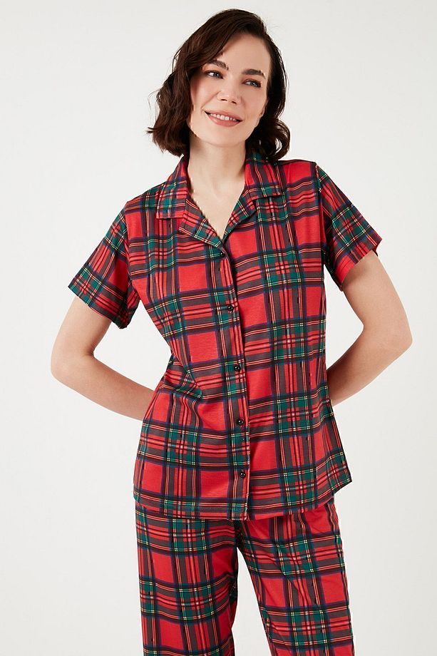 Desenli Kısa Kollu Beli Lastikli Gömlek Yaka Dokuma Regular Fit Pijama Takımı Pijama Takı - 8