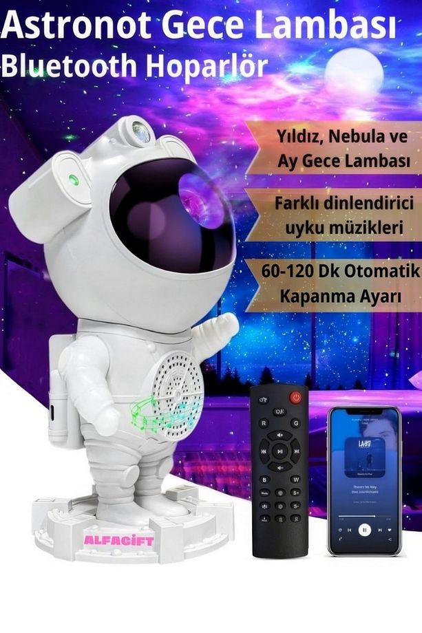 Bluetooth Astronot Gece Lambası: 360° Projeksiyon, Dinlendirici Sesler Ve Uzaktan Kumanda - 1