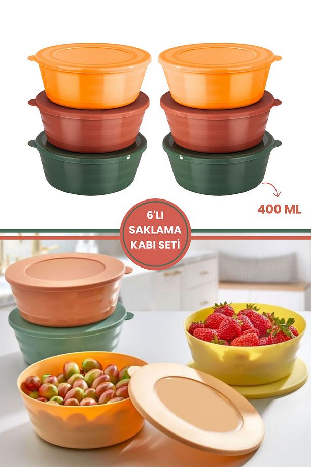 6 Adet Kapaklı Kahvaltılık Saklama Kabı 400 ml, Çok Amaçlı Yuvarlak Kase Çerezlik Set (6x400ml) - 1
