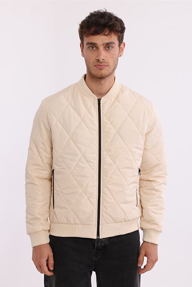 Men's Stone Collar Collar Water and Windproof Quilted Patterned Fiber Padded Coat