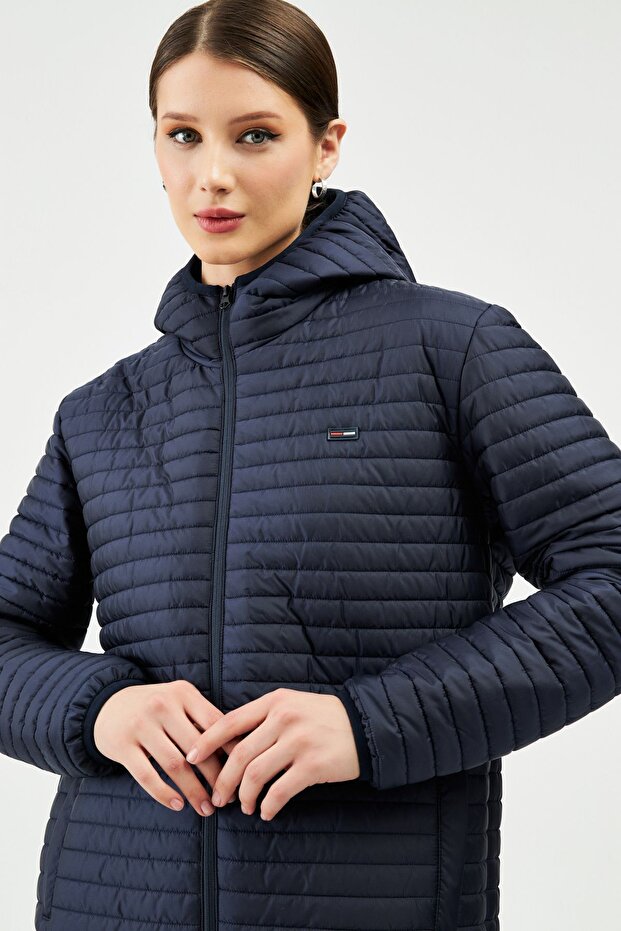 Women's Navy Blue Hooded Lined Water and Windproof Coat