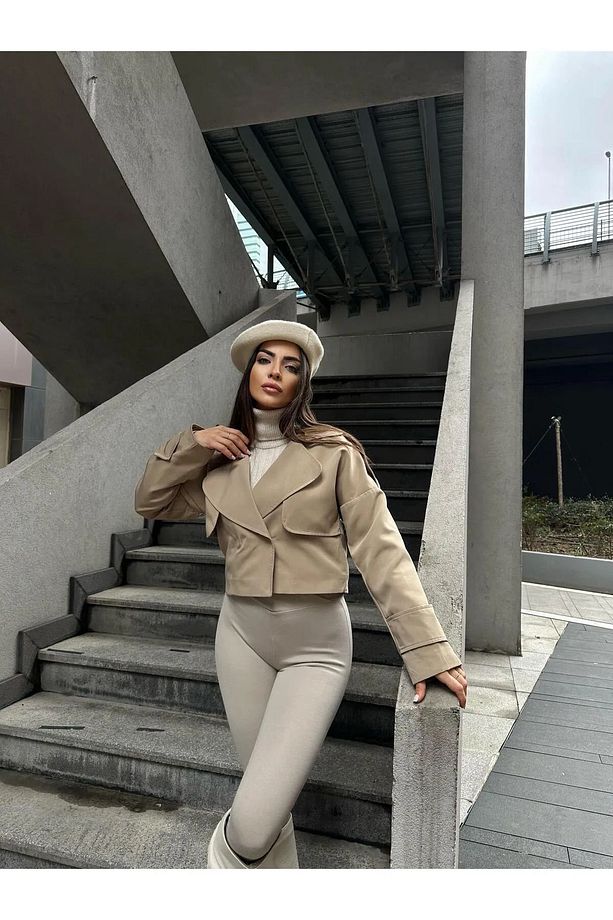 Trenc Kumaş Astarlı Crop Vizon Ceket - 1