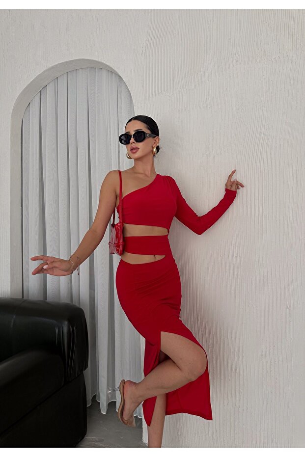 Single Sleeve Slit Detailed Dress - with Waist Band