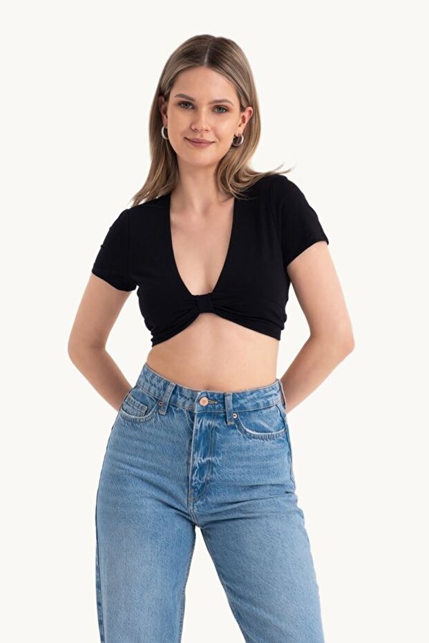 Derin V Yaka Önü Düğümlü Kısa Kollu Crop Top - 1