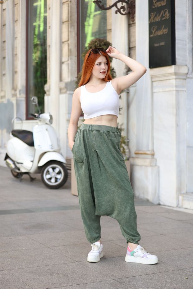Women's Khaki Elastic Waist and Cuffs, Pocket Detail, Vintage Style Loose Cotton Knitwear Shalwar Trousers