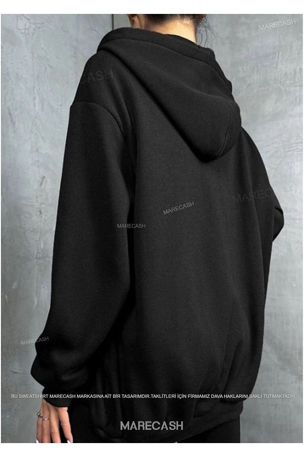 Unisex Siyah Kapüşonlu Oversize Hırka - 3
