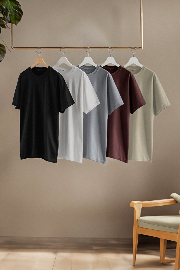 Unisex Siyah-Kahverengi-Gri-Taş-Beyaz Slim/Dar Kesim 5'li Paket %100 Pamuk T-shirt TMNAW20TS0243 - 2