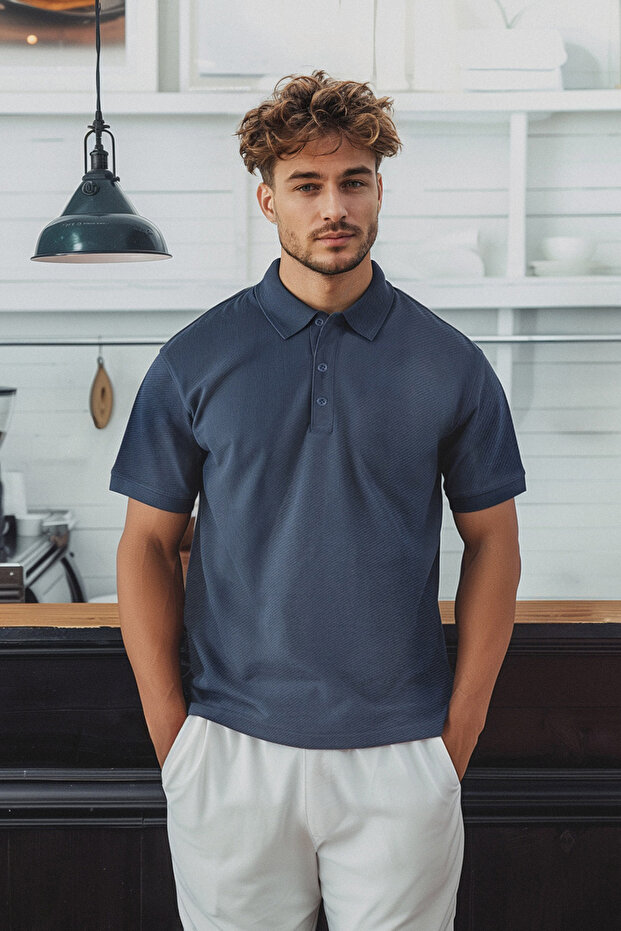 Indigo Regular/Normal Kesim Kısa Kol Dokulu Düğmeli Polo Yaka T-shirt TMNSS23PO00018 - 1