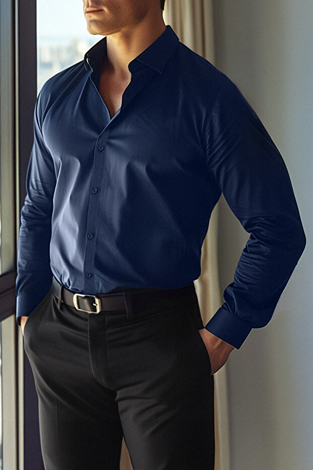 Lacivert Slim Fit Kolay Ütülenebilir Smart Erkek Gömlek TMNAW24GO00096 - 2
