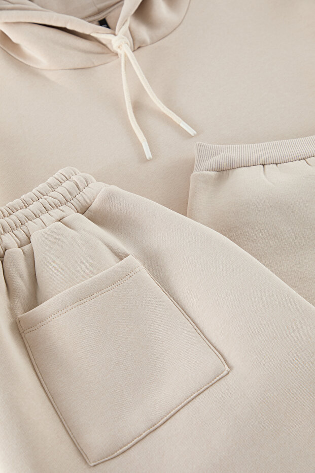 Büyük Beden Taş Oversize/Geniş Kesim Kapüşonlu İçi Polarlı Sweatshirt-Eşofman Takımı TMNAW25TS00000 - 3