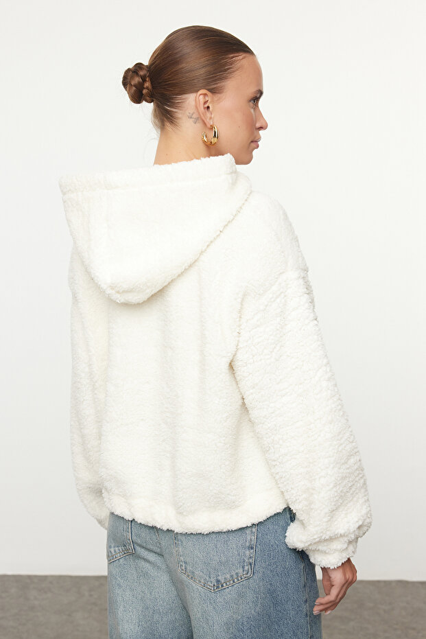 Ekru Peluş Regular/Normal Kalıp Kapüşonlu Fermuarlı Kalın Örme Sweatshirt TWOAW25SW00238 - 5
