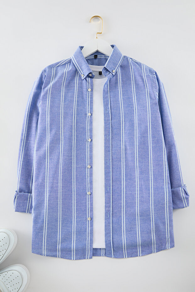 Mavi Slim Fit Düğmeli Yaka İnce Çizgili Gömlek TMNSS20GO0092 - 2