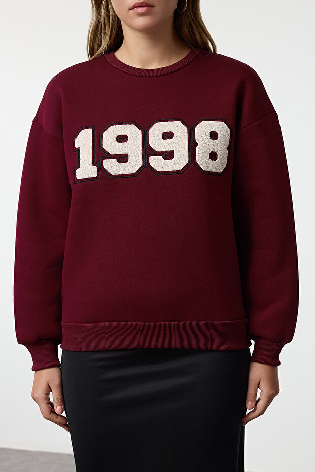 Bordo Kalın İçi Polarlı Regular/Normal Kesim Slogan Nakışlı Örme Sweatshirt TWOAW25SW00012 - 3