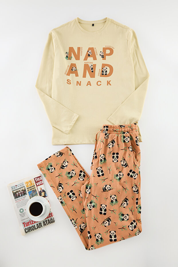 Turuncu Baskılı Regular Fit Örme %100 Pamuklu Pijama Takımı TMNAW25PT00041 - 1