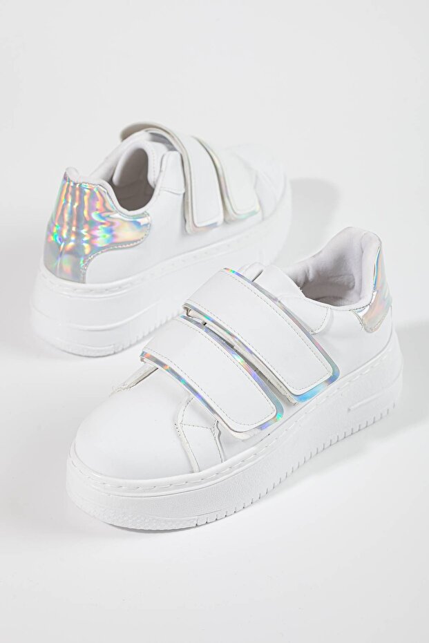 Women's Thick Sole Sports Velcro Strap White Shoes