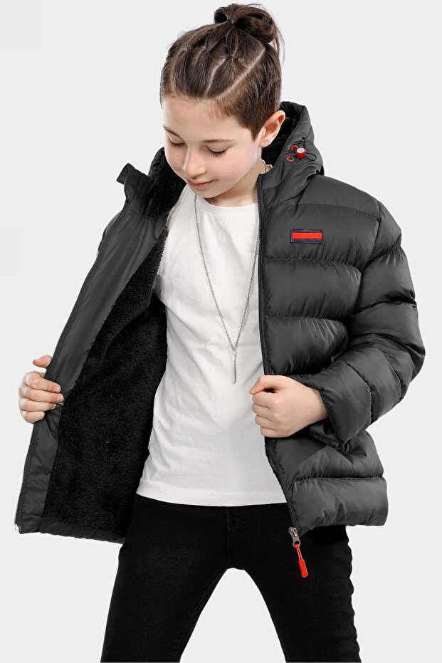 Boy's Anthracite Fleece Inside Furry Waterproof Winter Thick Hooded Coat