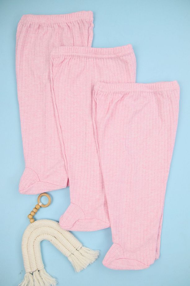 Fitilli Kumaş %100 Pamuk 3'lü Patikli Pembe Bebek Tek Alt Seti, Bebek Pijama Altı - 4