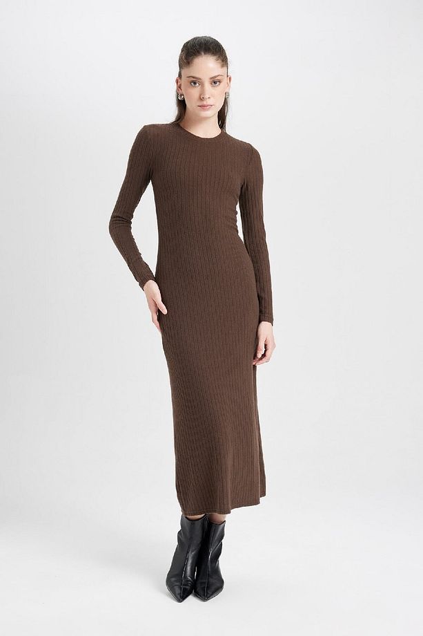 Bodycon Vücudu Saran Bisiklet Yaka Basic Düz Kaşkorse Uzun Kollu Maxi Elbise D3373ax24wn - 3