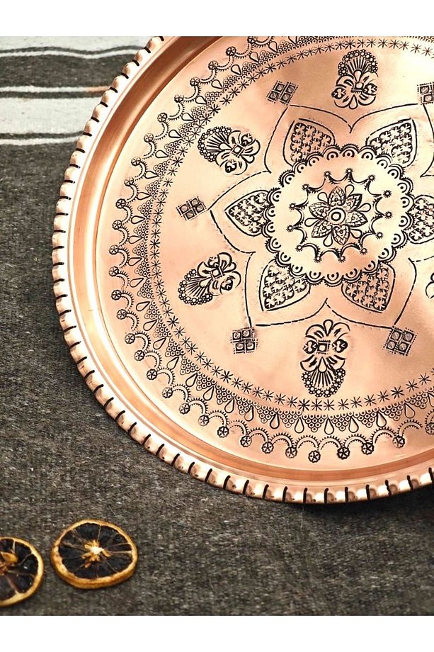 Bakır Nakışlı Şark Köşesi Tepsi, Kahve Sunum Tepsi 27 cm - 5