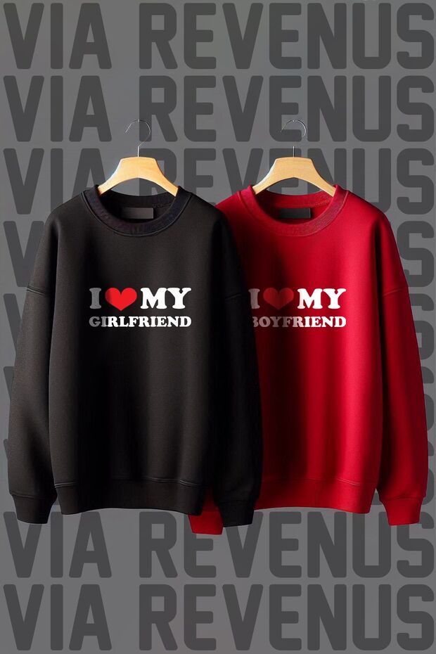 I Love Boyfriend / Girlfriend Printed Crew Neck 3 Thread Threaded Wide Fit Lover Sweatshirt
