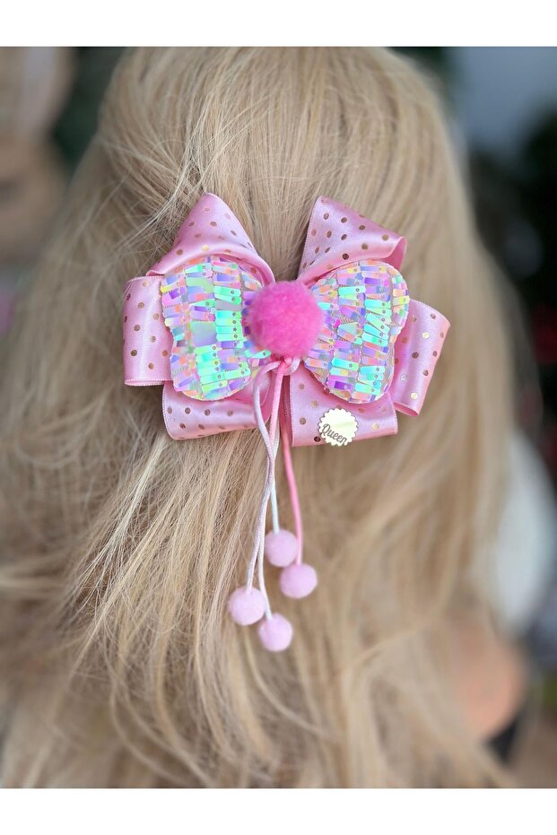 Designer Luxury Pink Shiny Sequin Polka Dot Layered Bow Pendant with Pompom Embellishment Automatic Clasp