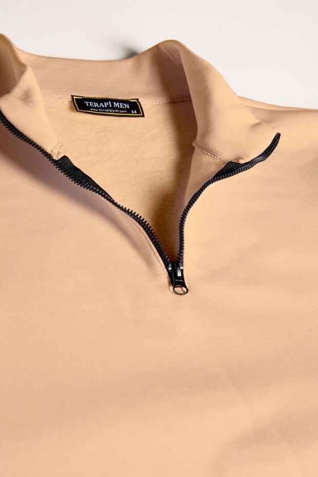 Men's Cream Colored Half Zipper Basic Sweatshirt - 5