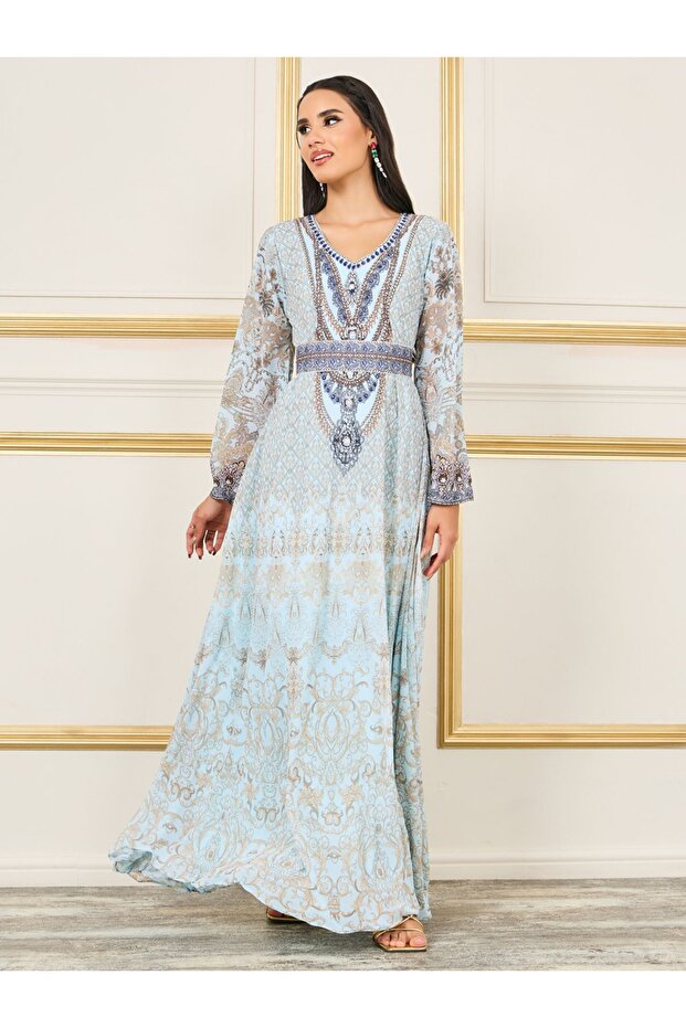 Rhinestone Detail Digital Print Belted Jalabiya
