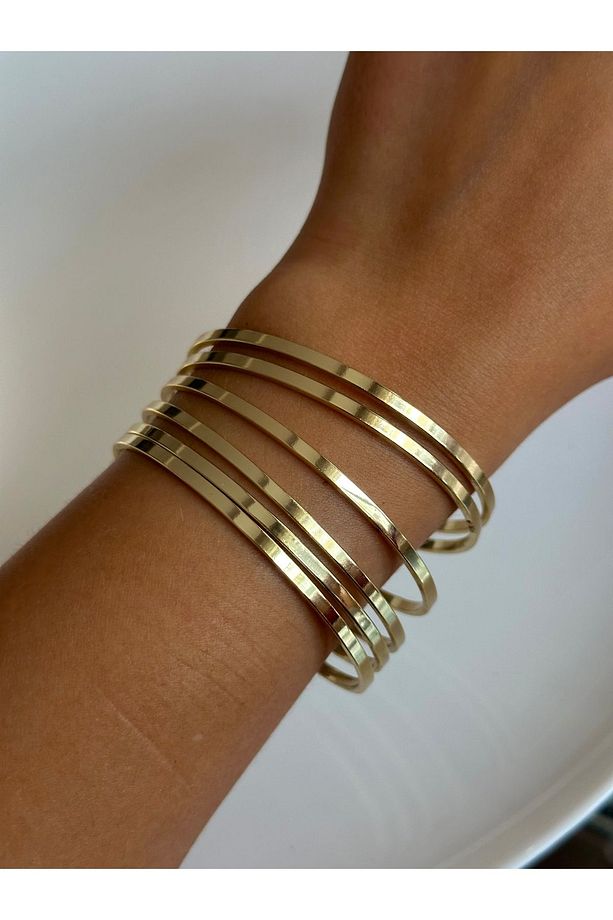 Tam 14K Altın Renginde Çelik Karamaz Bire Bir Kuyum Model Üçlü 60mm Ajda Bilezik ( Küçük Bilekler ) - 2