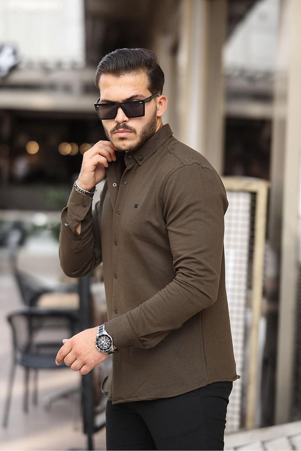 Erkek Basic Çıtçıtlı Kışlık Uzun Kollu Haki Gömlek - 3