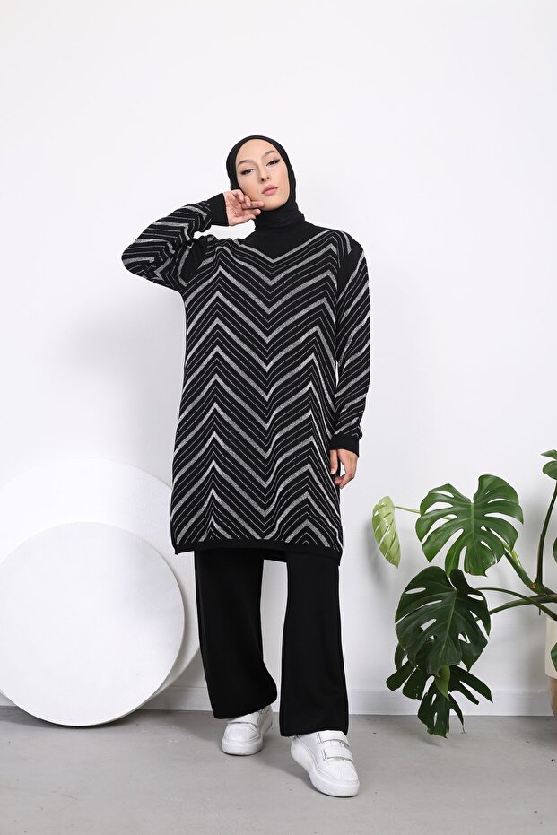 Long Zigzag Patterned Glitter Tunic Set - 1