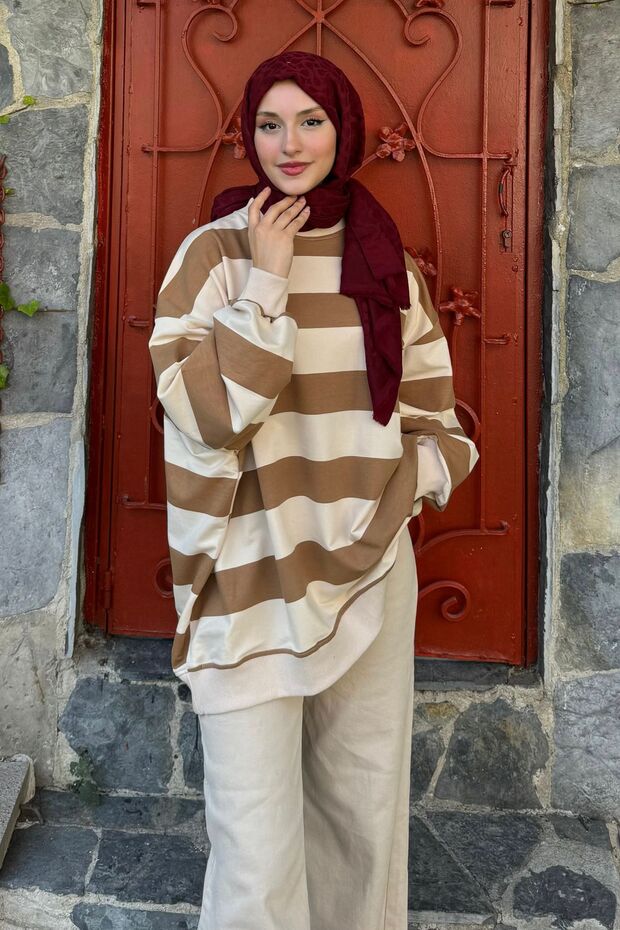 Çizgili Basic İki İplik Sweat - 4