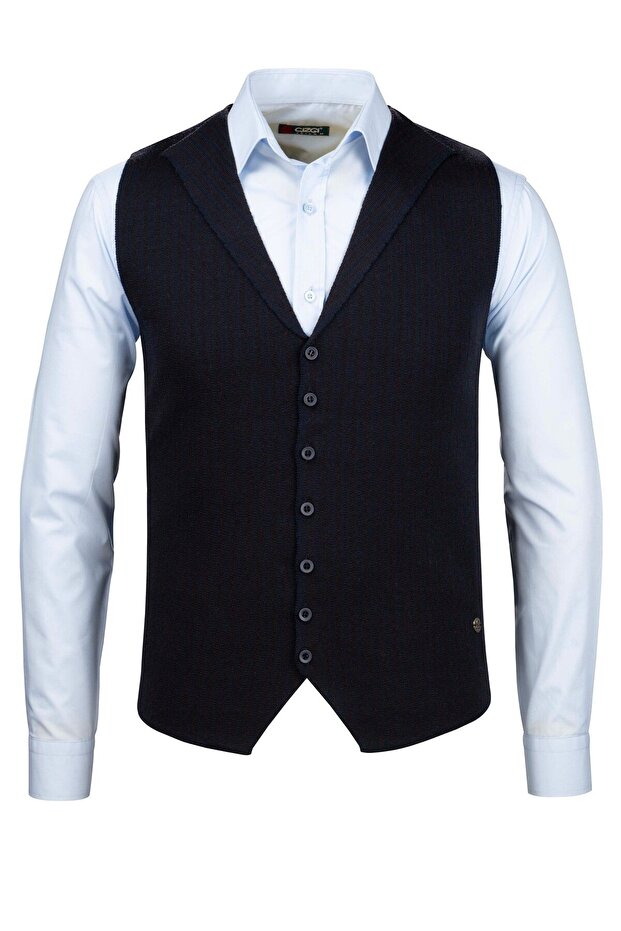 Men's Buttoned Sports / Classic Knitwear Knitted Sleeveless Navy Blue Vest - 5008Ls