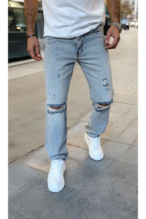Men's Blue Ripped Detailed Baggy Jeans Trousers