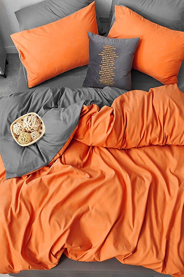 Duvet Cover Set with Fitted Sheet Double Orange Turquoise Gray