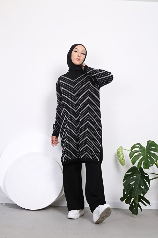 Long Zigzag Patterned Glitter Tunic Set - 3