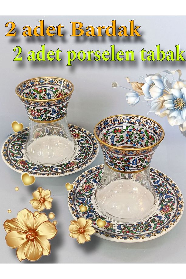 Altın çini desenli model 2 porselen tabak 2 ince belli bardak  2 kişilik set - 1