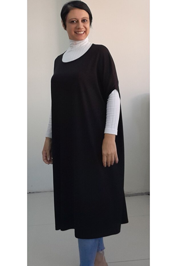 Black Batwing Sleeve Loose-Fitting Combed Viscose Hijab Tunic Dress