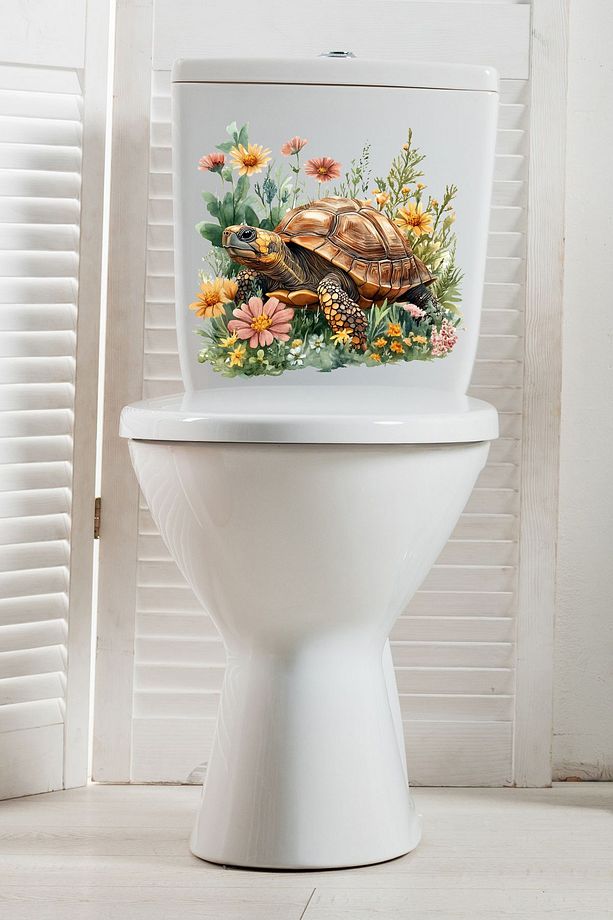Klozet Sticker Sevimli Kaplumbağa ve Çiçekler Temalı Banyo Tuvalet Sticker - 7