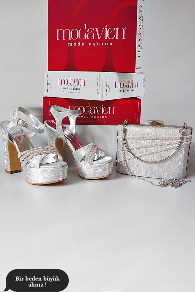 Women's Silver Stoned Satin Shoes and Bag Combination (Buy Size Large)