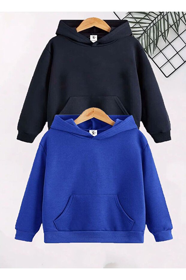 Unprinted 2-Pack Unisex Cobalt Blue-Navy Hooded Children's School Sweatshirt with Fleece Inside