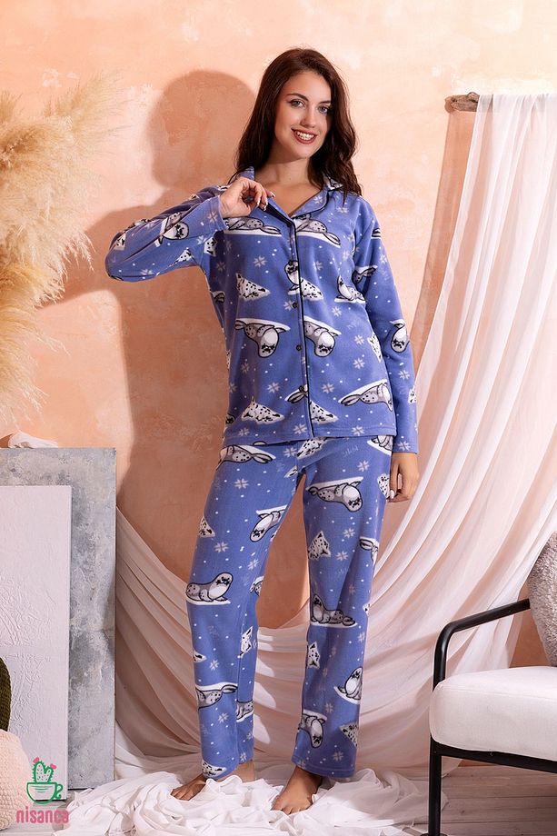 Kışlık Welsoft Peluş Inci Polar Düğmeli Pijama Takımı 'ipeksi Doku' - 8