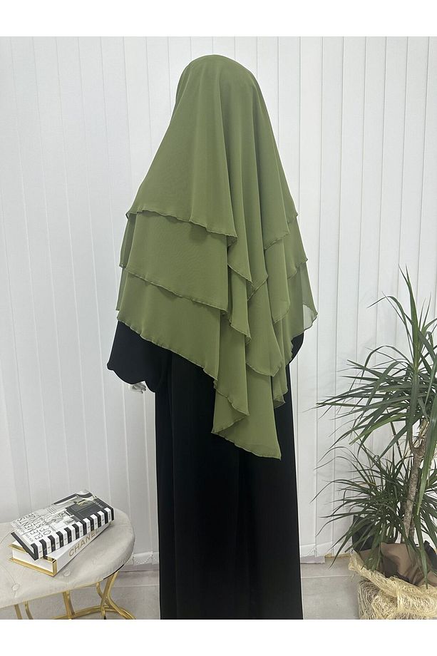 üç katlı multı sifon Sufle Eşarp ,Khimar Hazır Eşarp Bağcıklı Eşarp Peçeli yeşil renk - 3