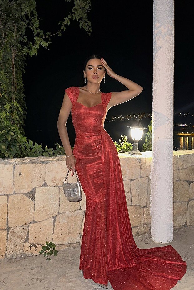 Long Red Glitter Evening Dress - ATE7689