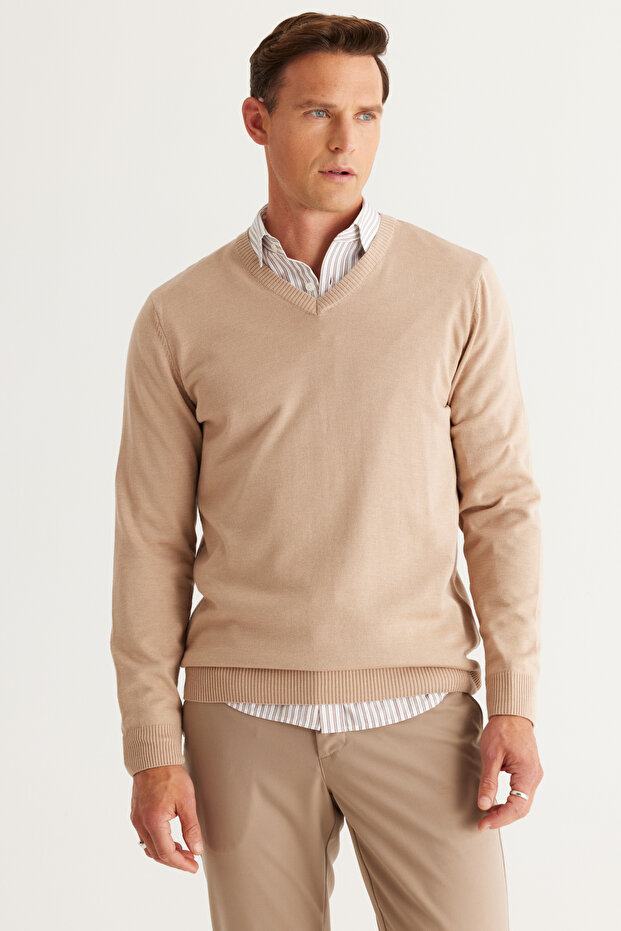 Erkek Bejmelanj Standart Fit Normal Kesim V Yaka Pamuklu Triko Kazak - 1